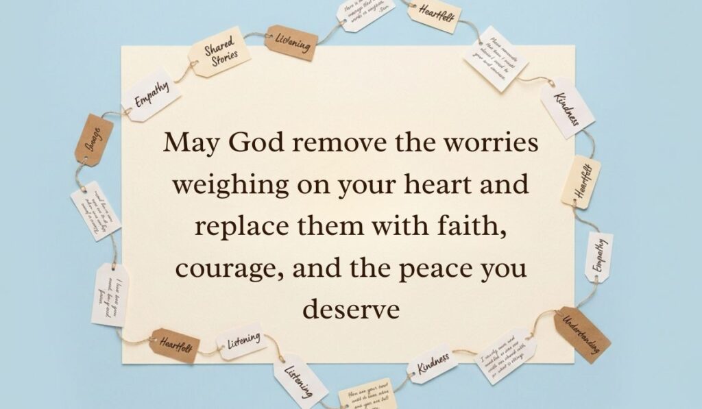 Soft blue background surrounded by a ring of string-bound message tags displaying thursday blessings reading, "May God remove the worries weighing on your heart and replace them with faith, courage, and the peace you deserve"