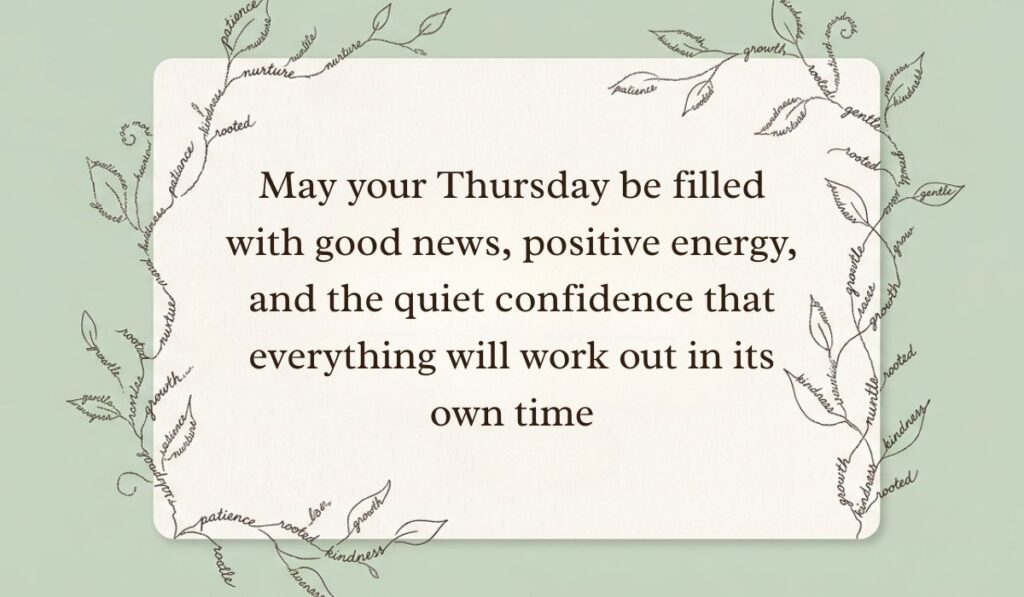 Sage green card framed by delicate botanical vine line art formed from handwritten script presenting thursday blessings stating, "May your Thursday be filled with good news, positive energy, and the quiet confidence that everything will work out in its own time"