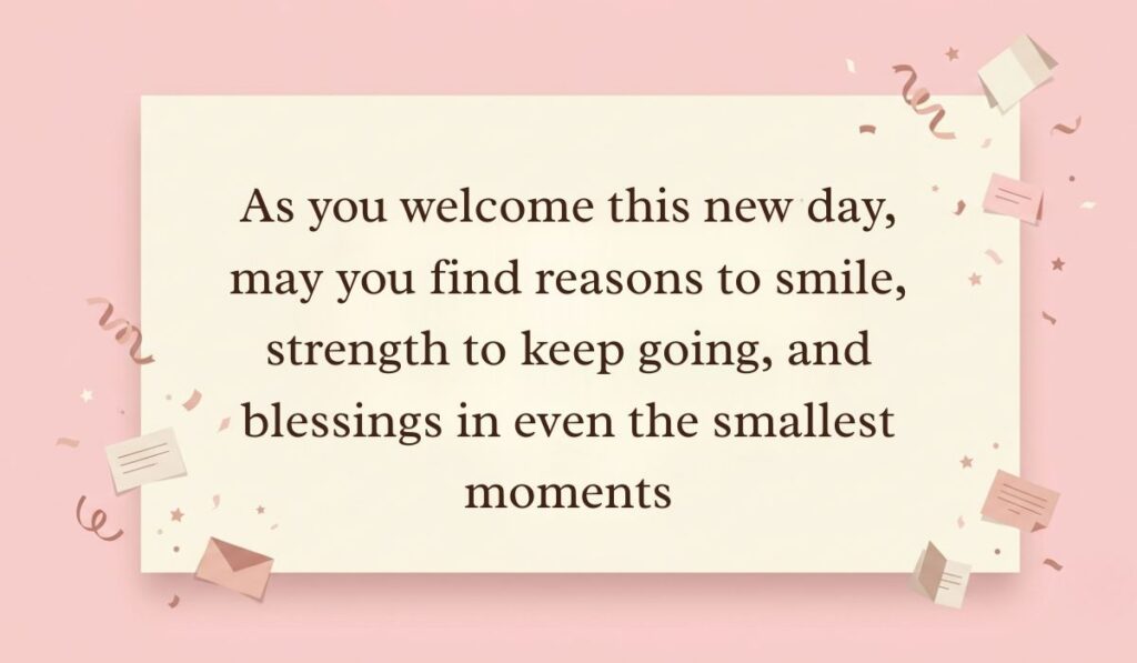 Soft pink background decorated with festive paper confetti, mini envelopes, and stars showcasing thursday blessings reading, "As you welcome this new day, may you find reasons to smile, strength to keep going, and blessings in even the smallest moments"